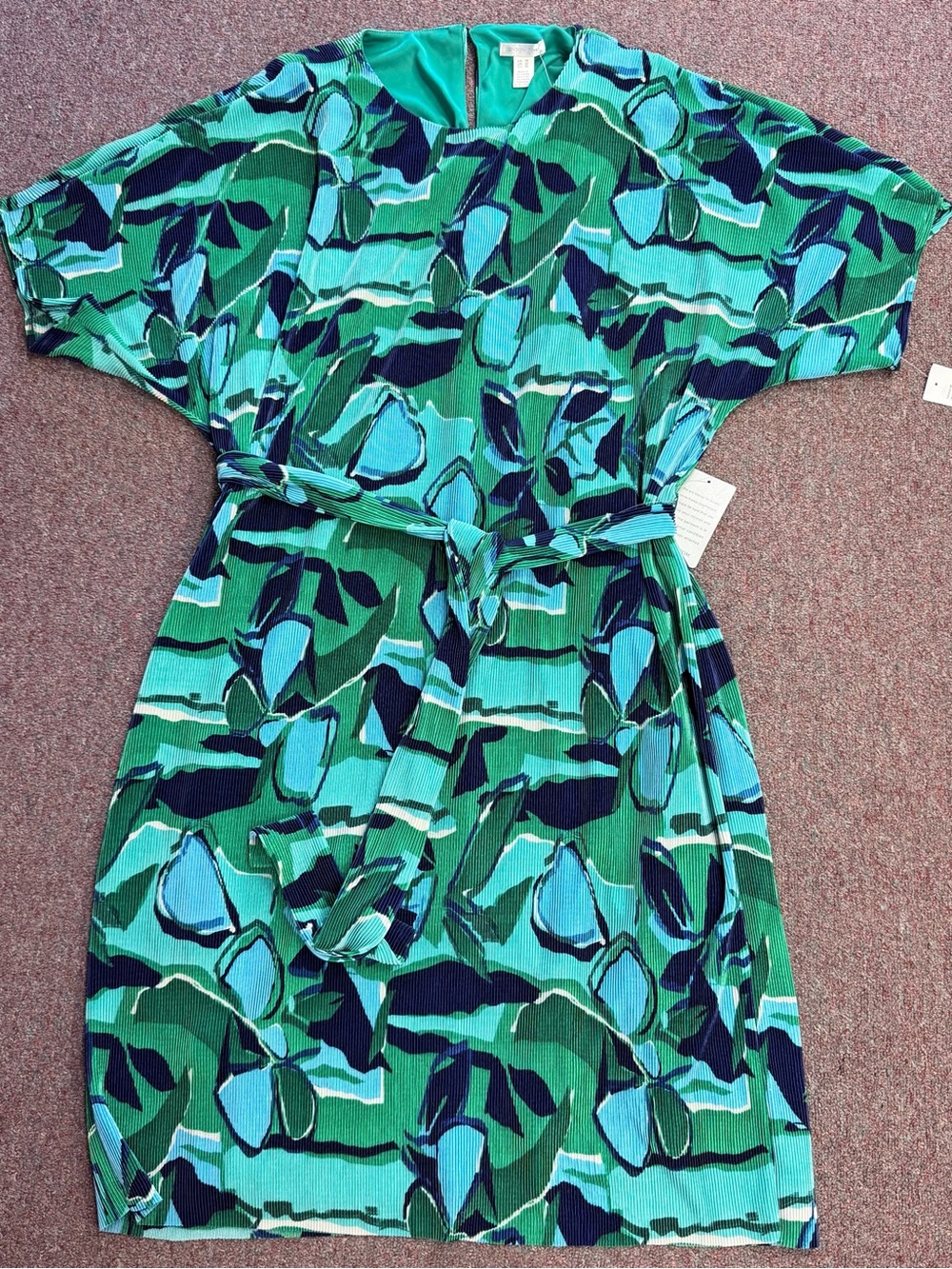 London Times Green Teal Blue Abstract Print Belted Dress